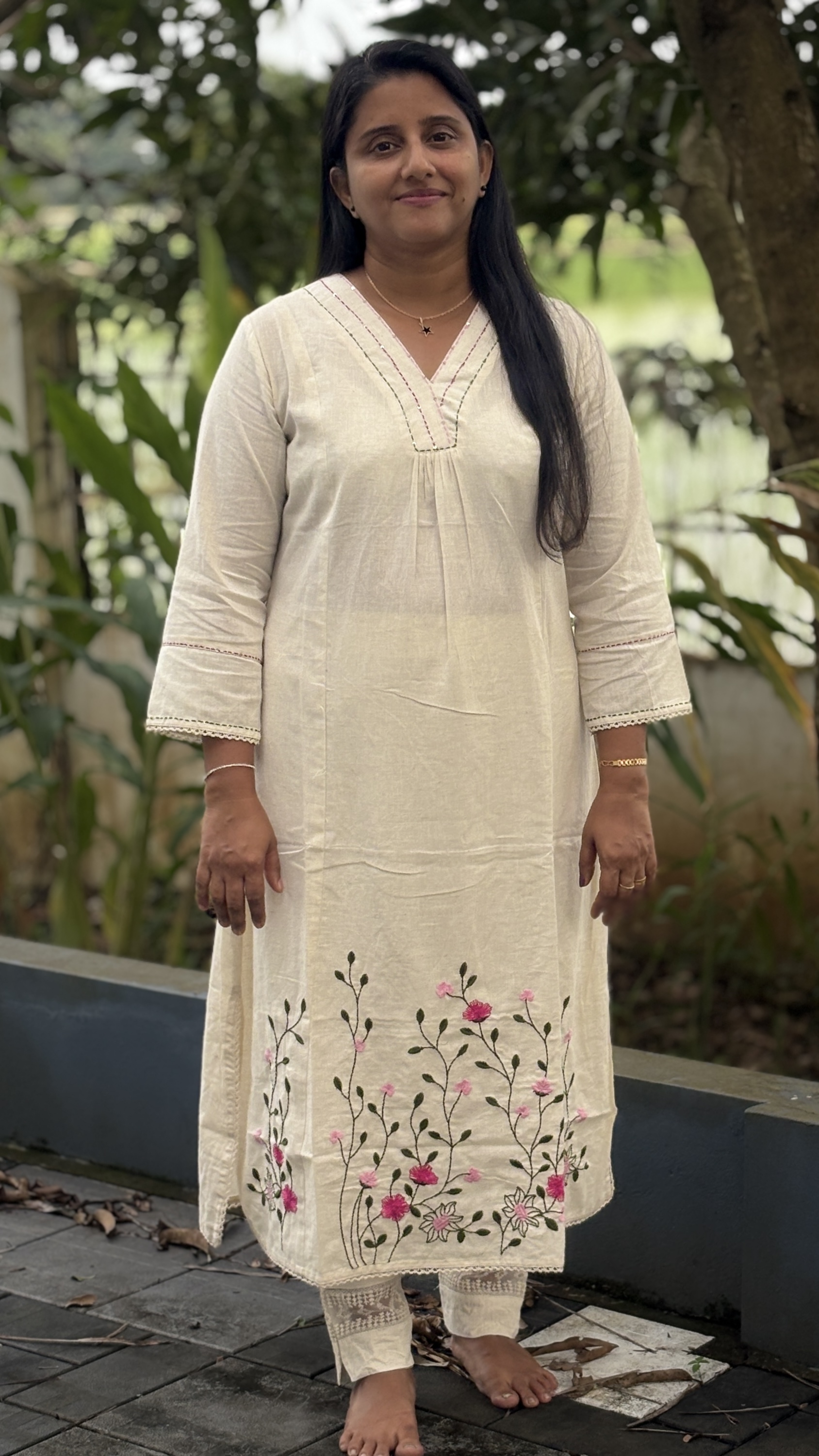 KHADI COTTON TOP  with hand Embroidery (Off white)